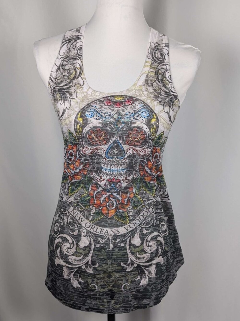 Davina New Orleans Voodoo Graphic Razerback Tank Size M, Sequins, Skull